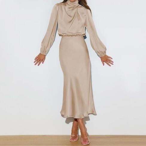Women Halter Neck Satin Dresses Split Solid Color Cocktail Dress Elegant Long Sleeve Fall Dresses in Saudi Arabia
