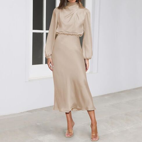 Women Halter Neck Satin Dresses Split Solid Color Cocktail Dress Elegant Long Sleeve Fall Dresses in Saudi Arabia