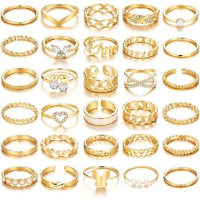 في كيه ام اي مجموعة خواتم مفصلية ذهبية 30 قطعة للنساء والفتيات، مجموعات خواتم الاصبع بوهو العتيقة القابلة للتكديس والتعديل، مجموعة خواتم ريترو عصرية عصرية وانيقة، هدية مجوهرات انيقة in Kuwait