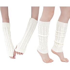 yeabwps Women Winter Knit Leg Warmer and Arm Warmer Knit Long Ribbed Gloves Arm Wrist Warmer and Knit Long Socks Leg Ankle Warmer Winter Knit Arm Warmer and Leg Warmer Set for Women (White)