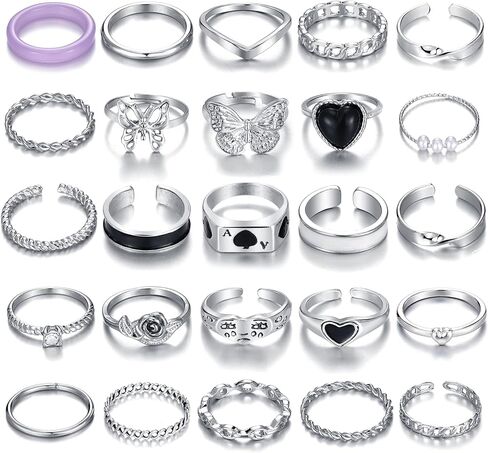 VKME 25 جهاز كمبيوتر شخصى خمر الفضة المفصل خواتم مجموعة للنساء الفتيات، البوهيمي تكويم المشتركة البنصر مجموعات، Y2K أزياء لطيف الرجعية ميدي خواتم حزمة العصرية لذيذ المجوهرات هدية in Kuwait