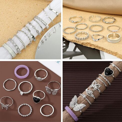 VKME 25 جهاز كمبيوتر شخصى خمر الفضة المفصل خواتم مجموعة للنساء الفتيات، البوهيمي تكويم المشتركة البنصر مجموعات، Y2K أزياء لطيف الرجعية ميدي خواتم حزمة العصرية لذيذ المجوهرات هدية in Kuwait
