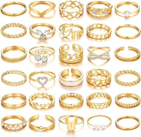 في كيه ام اي مجموعة خواتم مفصلية ذهبية 30 قطعة للنساء والفتيات، مجموعات خواتم الاصبع بوهو العتيقة القابلة للتكديس والتعديل، مجموعة خواتم ريترو عصرية عصرية وانيقة، هدية مجوهرات انيقة in Kuwait