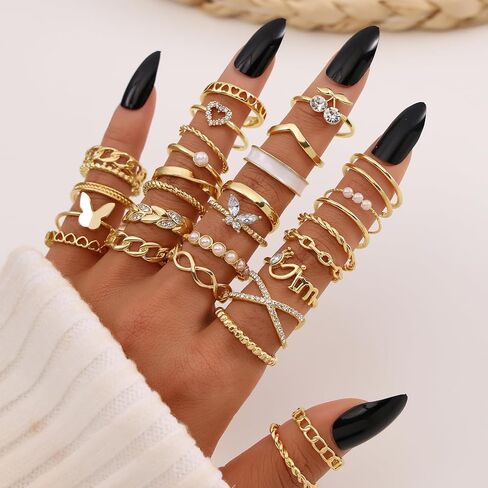 في كيه ام اي مجموعة خواتم مفصلية ذهبية 30 قطعة للنساء والفتيات، مجموعات خواتم الاصبع بوهو العتيقة القابلة للتكديس والتعديل، مجموعة خواتم ريترو عصرية عصرية وانيقة، هدية مجوهرات انيقة in Kuwait