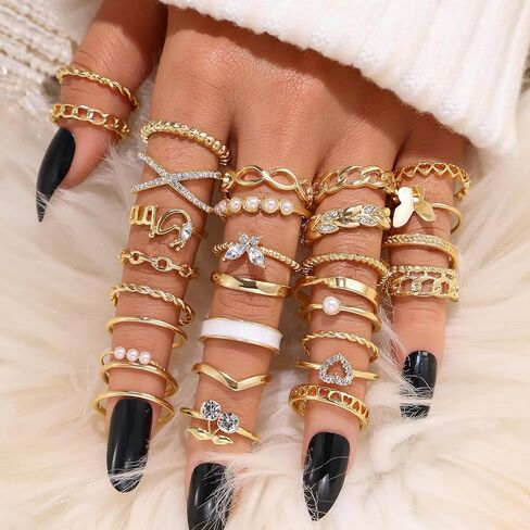 في كيه ام اي مجموعة خواتم مفصلية ذهبية 30 قطعة للنساء والفتيات، مجموعات خواتم الاصبع بوهو العتيقة القابلة للتكديس والتعديل، مجموعة خواتم ريترو عصرية عصرية وانيقة، هدية مجوهرات انيقة in Kuwait