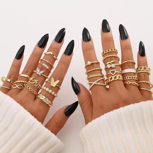 في كيه ام اي مجموعة خواتم مفصلية ذهبية 30 قطعة للنساء والفتيات، مجموعات خواتم الاصبع بوهو العتيقة القابلة للتكديس والتعديل، مجموعة خواتم ريترو عصرية عصرية وانيقة، هدية مجوهرات انيقة in Kuwait