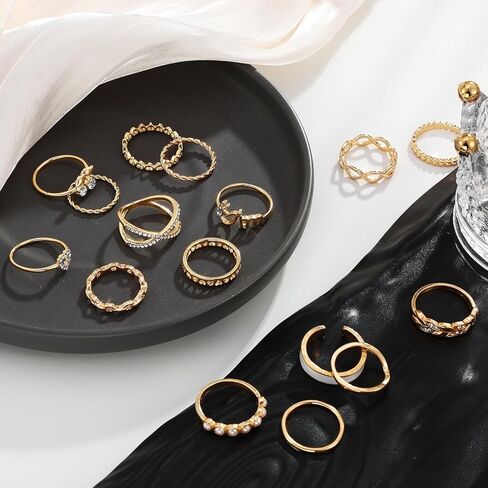 في كيه ام اي مجموعة خواتم مفصلية ذهبية 30 قطعة للنساء والفتيات، مجموعات خواتم الاصبع بوهو العتيقة القابلة للتكديس والتعديل، مجموعة خواتم ريترو عصرية عصرية وانيقة، هدية مجوهرات انيقة in Kuwait
