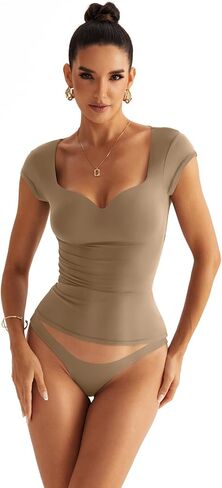 Micticsi Women Sweetheart Neckline Top Double Lined Short Sleeve T Shirts Y2K Slim Fit Going Out Tops 2024 in Kuwait