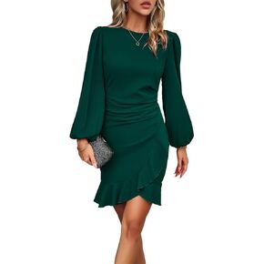 EFexous Cocktail Party Work Dress for Women Puff Long Sleeve Bodycon Dress Ruffle Hem Crew Neck Mini Pencil Dress