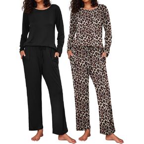 Ekouaer 2 Pack Women's Pajama Set Soft Long Sleeve Sleepwear Loungewear Pjs Sets with Pockets S-XXL