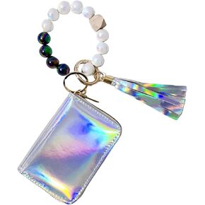 Holographic Wristlet Bracelet Keychain with Metallic Wallet Card Holder Pocket Coin Purse Key Ring for Women Girls in Saudi Arabia