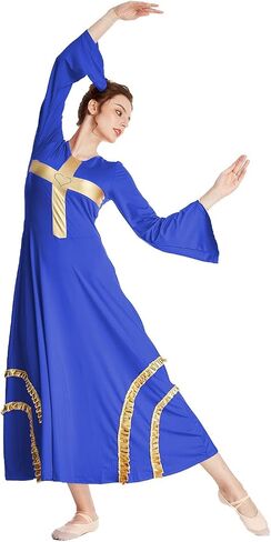 HIHCBF Women Praise Dance Cross Robe Bell Sleeve Worship Dresses Metallic Ruffles Wide Swing Liturgical Lyrical Costume in Saudi Arabia