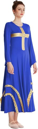 HIHCBF Women Praise Dance Cross Robe Bell Sleeve Worship Dresses Metallic Ruffles Wide Swing Liturgical Lyrical Costume in Saudi Arabia