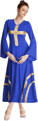 HIHCBF Women Praise Dance Cross Robe Bell Sleeve Worship Dresses Metallic Ruffles Wide Swing Liturgical Lyrical Costume in Saudi Arabia