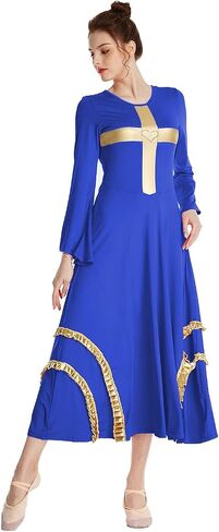 HIHCBF Women Praise Dance Cross Robe Bell Sleeve Worship Dresses Metallic Ruffles Wide Swing Liturgical Lyrical Costume in Saudi Arabia