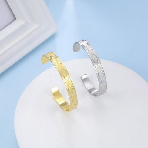 VASSAGO Jesus Fish Cuff Bracelet Open Bangle for Women Girls Christian Fish Adjustable Bracelet Animal Cuff Bracelet Fish Ichthys Symbol Jewelry in Kuwait