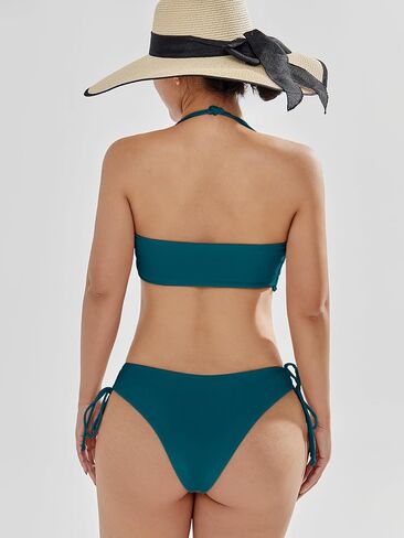 Scacto Women's 2 Pieces Bandeau Bikini Set Swimsuit Tie Side Ribbed Bathing Suit in Kuwait