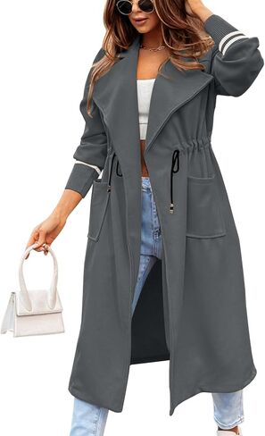Fazortev Women Coat Pocket Casual Drawstring Waist Open Front Classic Lapel Overcoat in Kuwait