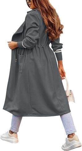 Fazortev Women Coat Pocket Casual Drawstring Waist Open Front Classic Lapel Overcoat in Kuwait