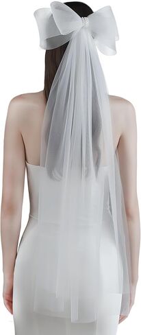 طرحة زفاف بيضاء من التول بعقدة فيونكة من امبري اديل، طرحة زفاف للعرائس - 35 × 28 انش، ابيض، M in Kuwait