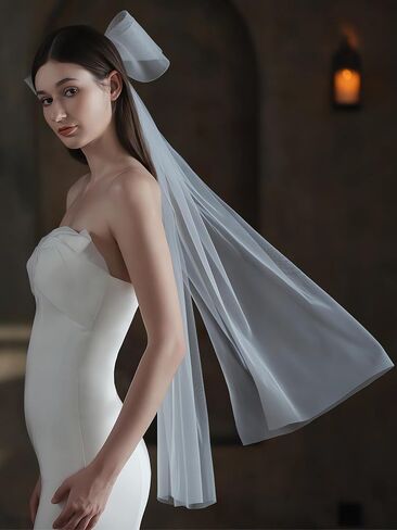 طرحة زفاف بيضاء من التول بعقدة فيونكة من امبري اديل، طرحة زفاف للعرائس - 35 × 28 انش، ابيض، M in Kuwait