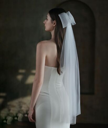 طرحة زفاف بيضاء من التول بعقدة فيونكة من امبري اديل، طرحة زفاف للعرائس - 35 × 28 انش، ابيض، M in Kuwait