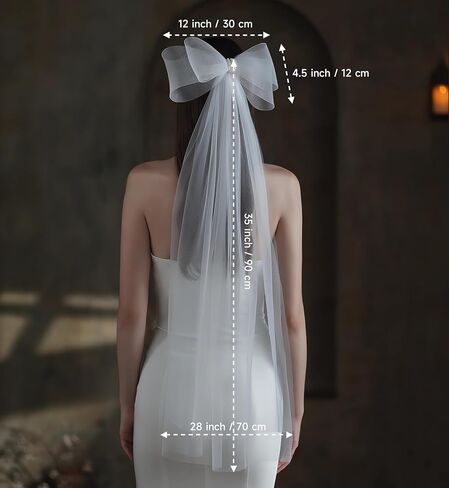 طرحة زفاف بيضاء من التول بعقدة فيونكة من امبري اديل، طرحة زفاف للعرائس - 35 × 28 انش، ابيض، M in Kuwait