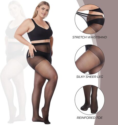 Buauty Plus Size 20D Pantyhose Sheer Tights for Women, Black High Waist Panty Hose Women's Control Top Run Resistant in Saudi Arabia