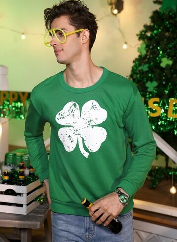 Arvilhill Men St Patrick's Day Sweatshirt Classic Shamrock Irish Long Sleeve Pullover (S-3XL) in Kuwait