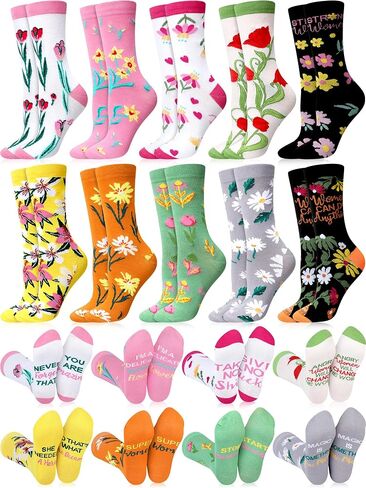Cutecrop 10 Pairs Womens Flower Socks Colorful Dress Crew Socks Flower Art Funny Pattern Casual Socks Inspirational Socks for Women Christmas Birthday New Year Mother's Day Gift in Saudi Arabia