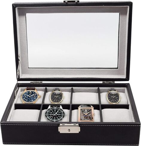 Elegant 8 Piece XL Oversized Extra Large Black Leatherette Watch Display Case and Storage Organizer Box for up to 65 MM watches with Glass Top and Large Faux Suede Grey Pillows Father's Day Gift in Saudi Arabia