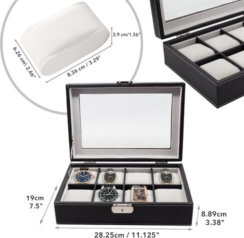 Elegant 8 Piece XL Oversized Extra Large Black Leatherette Watch Display Case and Storage Organizer Box for up to 65 MM watches with Glass Top and Large Faux Suede Grey Pillows Father's Day Gift in Saudi Arabia