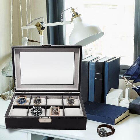 Elegant 8 Piece XL Oversized Extra Large Black Leatherette Watch Display Case and Storage Organizer Box for up to 65 MM watches with Glass Top and Large Faux Suede Grey Pillows Father's Day Gift in Saudi Arabia