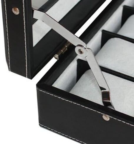 Elegant 8 Piece XL Oversized Extra Large Black Leatherette Watch Display Case and Storage Organizer Box for up to 65 MM watches with Glass Top and Large Faux Suede Grey Pillows Father's Day Gift in Saudi Arabia