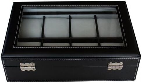 Elegant 8 Piece XL Oversized Extra Large Black Leatherette Watch Display Case and Storage Organizer Box for up to 65 MM watches with Glass Top and Large Faux Suede Grey Pillows Father's Day Gift in Saudi Arabia