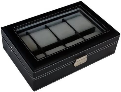 Elegant 8 Piece XL Oversized Extra Large Black Leatherette Watch Display Case and Storage Organizer Box for up to 65 MM watches with Glass Top and Large Faux Suede Grey Pillows Father's Day Gift in Saudi Arabia