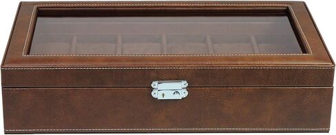 Elegant 8 Piece XL Oversized Extra Large Black Leatherette Watch Display Case and Storage Organizer Box for up to 65 MM watches with Glass Top and Large Faux Suede Grey Pillows Father's Day Gift in Saudi Arabia
