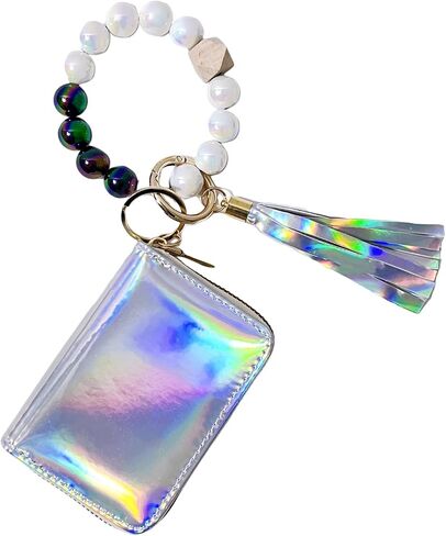 Holographic Wristlet Bracelet Keychain with Metallic Wallet Card Holder Pocket Coin Purse Key Ring for Women Girls in Saudi Arabia