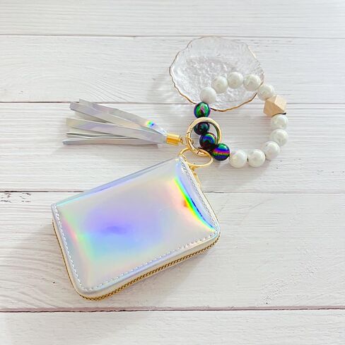 Holographic Wristlet Bracelet Keychain with Metallic Wallet Card Holder Pocket Coin Purse Key Ring for Women Girls in Saudi Arabia