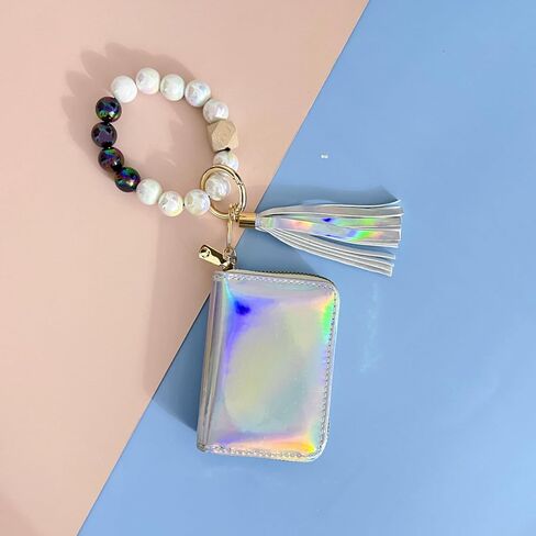 Holographic Wristlet Bracelet Keychain with Metallic Wallet Card Holder Pocket Coin Purse Key Ring for Women Girls in Saudi Arabia