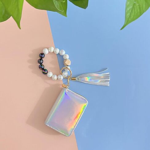 Holographic Wristlet Bracelet Keychain with Metallic Wallet Card Holder Pocket Coin Purse Key Ring for Women Girls in Saudi Arabia