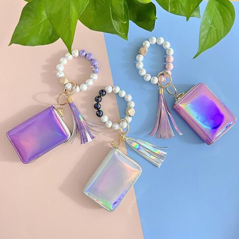 Holographic Wristlet Bracelet Keychain with Metallic Wallet Card Holder Pocket Coin Purse Key Ring for Women Girls in Saudi Arabia