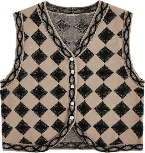 Floerns Women's Argyle V Neck Button Front Cardigan Sleeveless Knit Sweater Vest in Saudi Arabia