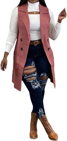 Women's Casual Sleeveless Long Sweater Vest Open Front Knit Cardigan Waistcoat with Pockets in Saudi Arabia