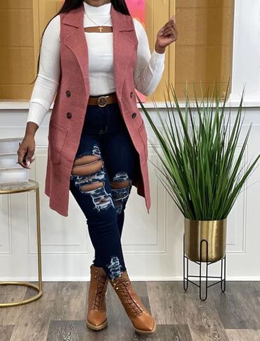 Women's Casual Sleeveless Long Sweater Vest Open Front Knit Cardigan Waistcoat with Pockets in Saudi Arabia