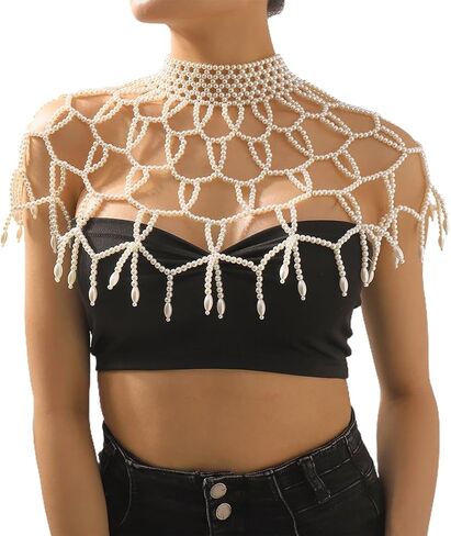 Bmirth لؤلؤة شال الجسم سلسلة اللؤلؤ الكتف القلائد مجوهرات الجسم مثير الصدرية شرابة الجسم سلسلة الصيف شاطئ الجسم اكسسوارات ملهى ليلي سلاسل الجسم الطرف in Kuwait