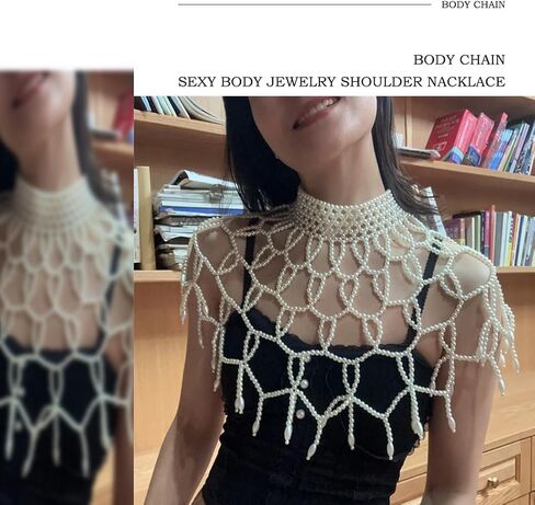Bmirth لؤلؤة شال الجسم سلسلة اللؤلؤ الكتف القلائد مجوهرات الجسم مثير الصدرية شرابة الجسم سلسلة الصيف شاطئ الجسم اكسسوارات ملهى ليلي سلاسل الجسم الطرف in Kuwait