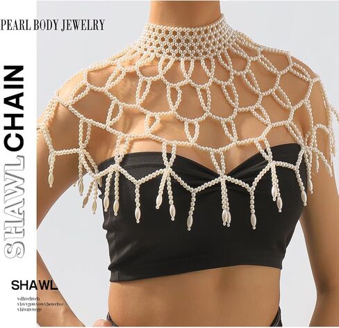 Bmirth لؤلؤة شال الجسم سلسلة اللؤلؤ الكتف القلائد مجوهرات الجسم مثير الصدرية شرابة الجسم سلسلة الصيف شاطئ الجسم اكسسوارات ملهى ليلي سلاسل الجسم الطرف in Kuwait