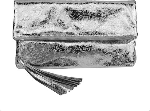 JNB Women's Cracked Metallic Fabric Foldover Clutch with Tassel in Saudi Arabia