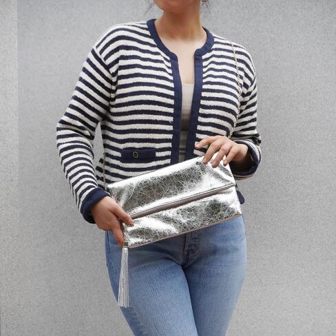JNB Women's Cracked Metallic Fabric Foldover Clutch with Tassel in Saudi Arabia
